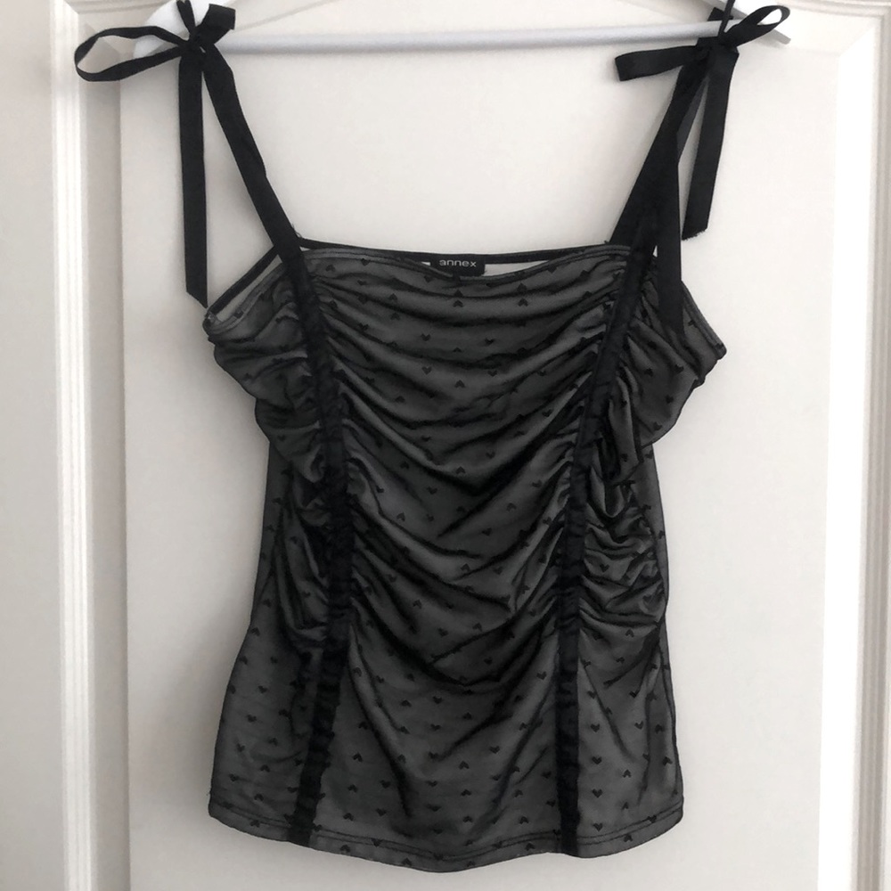 Annex Black Sheer Ruched Tie-Strap Camisole